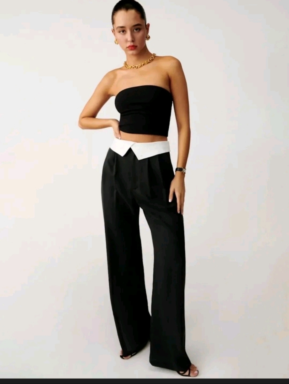 REFORMATION Black Wide-Leg Pants with Contrast Waistband SIZE8